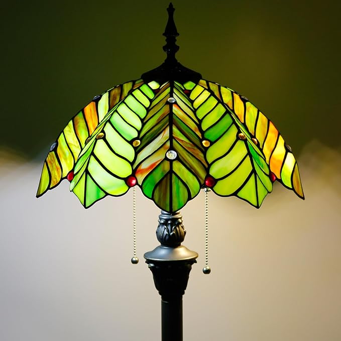 Tiffany Floor Lamp Stained Glass Lamp Standing Reading Light 16x16x70 Inch for Living Room (Amber Green Beach Coconut Tree Style)-Ruum Studio Home