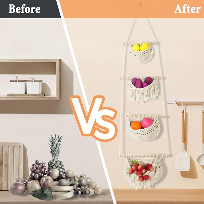 4 Tier Hanging Fruit Basket for Kitchen, Beige Boho Cotton Rope Crocheted Fruit Holder for Bathroom Bedroom, Detachable Wall Hanging Basket Shelves Over Door Organizer for Fruits Veggie Plant Decor-Ruum Studio Home