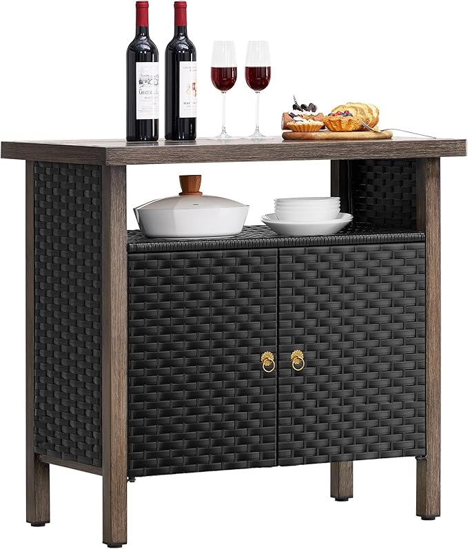 Outdoor Storage Cabinet, Woven Rattan Bar Table with 2 Doors, Slatted-Top, Wicker Console Table for Patio, Garden, Backyard, Kitchen - Black-Ruum Studio Home
