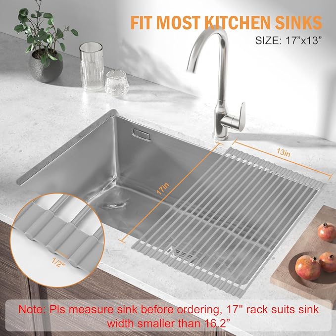 LEMIKKLE Roll Up Dish Drying Rack 17" x 13", Over The Sink Dish Drainer Rack, Foldable Sink Drying Rack, Anti-Slip Silicone Wrapped Dish Drainer for Kitchen Counter (Grey 17" x 13")-Ruum Studio Home