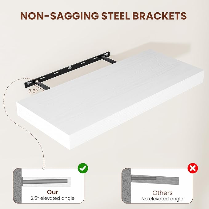 White Floating Shelves for Wall, 36 Inch X 12 Deep Shelves for Room Wall Mounted，2" Thick Heavy Duty Holds 65lbs Floating Shelf for Bedroom Bathroom Kitchen Laundry Room, Set of 2-Ruum Studio Home