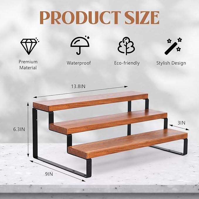3 Tier Wooden Display Riser Stand Perfume Organizer with Metal Stand, Dessert Table Display Set, Food Display Stands for Party, Brown Rustic Solid Wood Shelf for Cupcakes, Perfume, Cologne, Spiece-Ruum Studio Home