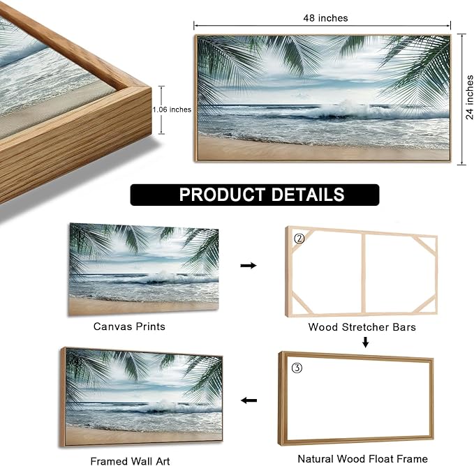 Framed Tropical Beach Wall Art - Ocean Waves Canvas Pictures Coastal Blue Sky and Sea Print Seaside Palm Tree Leaves Scene Painting Artwork Living Room Bedroom Office Home Decor 24" x 48"-Ruum Studio Home