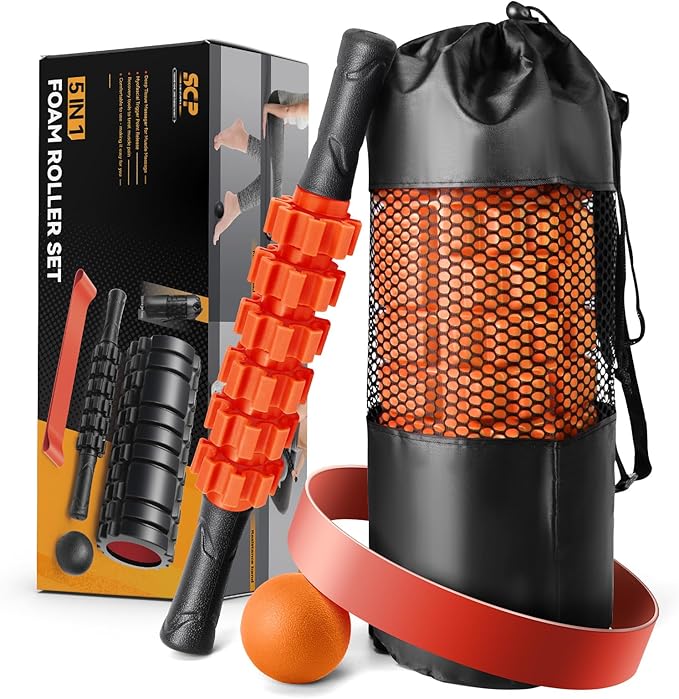 5 in 1 Foam Roller Set for Deep Tissue Muscle Massage, Trigger Point Fitness Exercise Foam Roller, Massage Roller, Massage Ball, Stretching Strap, for Whole Body (Orange-New)-Ruum Studio Home