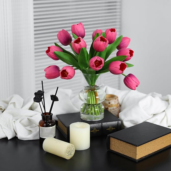 Deep Pink Artificial Tulips, 2 Bundles 14Pcs, Fake Tulips Artificial Flowers, 2 x 2.4 Inch Large Flower Head Big Tulip, Easter Valentine's Day Mother's Day Home Decoration Flowers-Ruum Studio Home