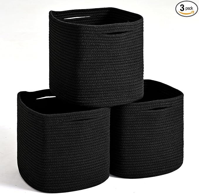 11 Inch Cube Storage Bins, Storage Cube Organizer Bins, Woven Cotton Rope Basket for Storage, Storage Baskets for Organizing Shelves, Square Baskets for Toys, Black (Pack of 3)-Ruum Studio Home