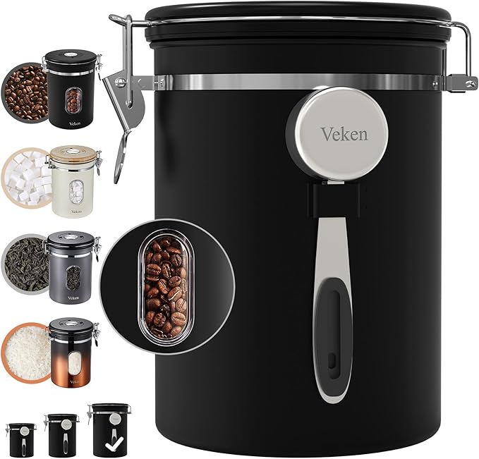 Veken Large Coffee Canister with Window, Rice Kitchen Food Storage Airtight Stainless Steel Container with Lids, Date Tracker and Scoop, Grounds, Beans, Tea, Flour, Cereal, Sugar Jars, 38oz, Black-Ruum Studio Home