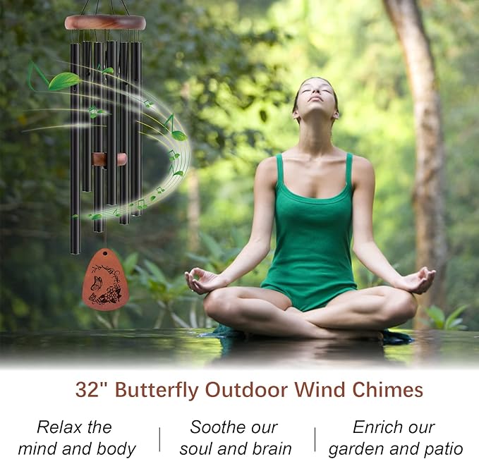 Wind Chimes for Outside, 32" Butterfly Windchime for Outdoor, Butterfly Gifts for Women Mom Sister, Garden Patio Gift Ideas for Friend Co-Worker (Black)-Ruum Studio Home