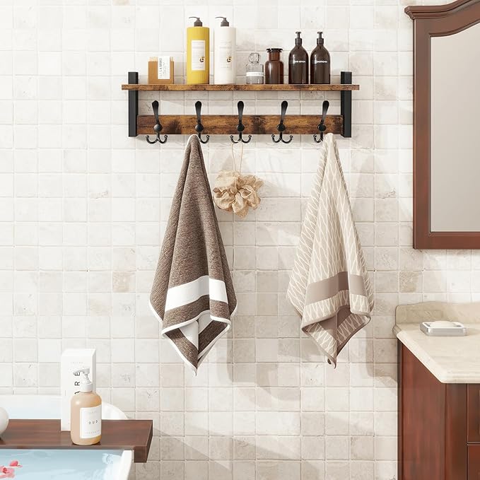 Homode Rustic Brown Wall Mount Coat Rack with Shelf and 5 Tri Hooks, Wood Coat Hangers for Hanging Hat, Towel, Purse, Jacket-Ruum Studio Home