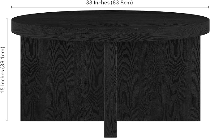 Henn&Hart 33" Round Wood Pedestal Low-Profile Coffee Table for Living Room, Family Room, Office or Apartment, Black Grain-Ruum Studio Home
