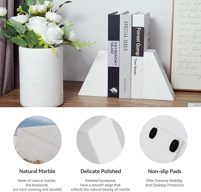 Marble Bookends for Heavy Books, Decorative Book Ends for Shelves, White Stone Durable and Heavy-Duty Book Ends for Hardback Books & CDS, Unique Book Stopper & Holder, Set of 2-Ruum Studio Home