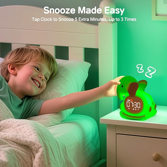 Alarm Clock for Kids with Night Light, Sleep Training Clock Time to Wake Clock, Rechargeable Silicone Light for Bedroom, Perfect Sleep Companion for Boys Girls, Pink Elephant-Ruum Studio Home