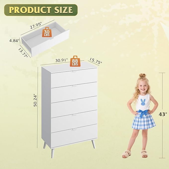 WLIVE 5 Drawer Dresser for Bedroom, Tall Wood Dresser, White Dressers Storage Organizer with Sturdy Metal Handle, Chest of Drawers for Living Room, Hallway, Closet-Ruum Studio Home