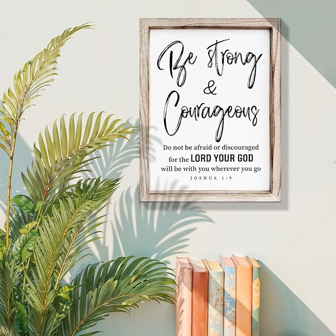 Inspirational Wood Signs, Christian Wooden Wall Plaque, Religious Home Decor, Bible Verse Decor Art, Framed Wall Plaque Sign 15 * 11.5 inches, Be Strong and Courageous Sign-Ruum Studio Home