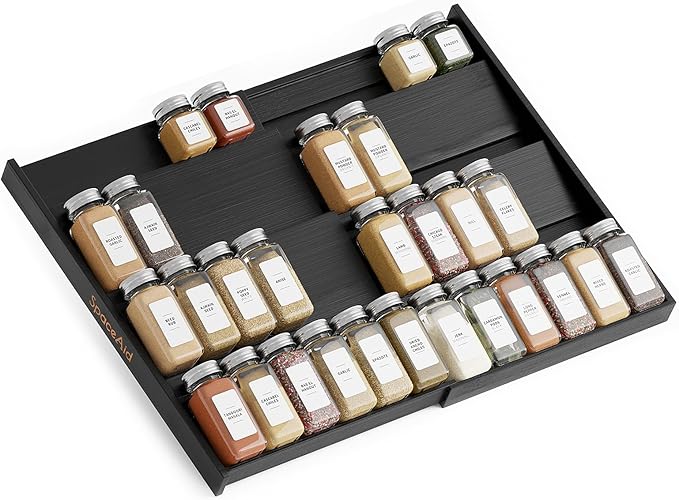 SpaceAid Bamboo Black Spice Drawer Organizer, (Need 3" Deep Drawer) Expandable 4 Tier Spices Rack for Cabinet, Kitchen Seasoning Storage Insert (Jars Not Included, From 12" to 23" Wide)-Ruum Studio Home