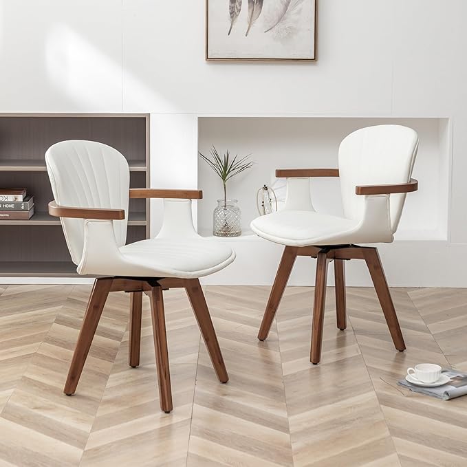 LUNLING Swivel Dining Room Chairs Set of 2,Mid Century Modern White Faux Leather Kitchen Chair with Arms,Bamboo Legs Side Chairs No Wheels,Accent Chair for Dining Rooms and Offices-Ruum Studio Home