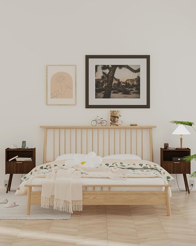 Nightstand,Modern Bedside Table with Storage Drawer and Open Wood Shelf, Accent Night Stand with Solid Wood Legs for Living Room, Bedroom and Small Spaces,Easy Assembly (Walnut Brown-Outlet)-Ruum Studio Home