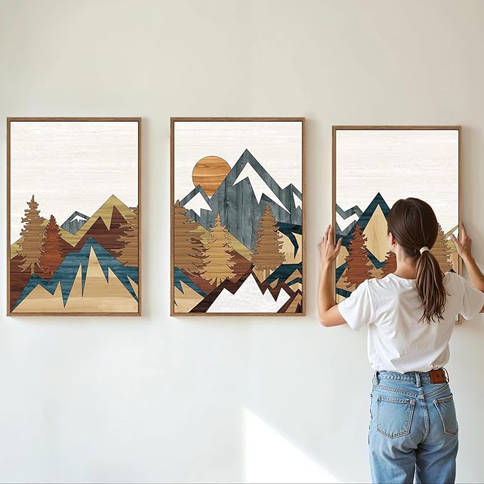 SIGNINART Vintage Mountain Framed Canvas Wall Art Set, Boho Sunrise Art Prints, Forest Nature Wilderness Art Paintings, Modern Farmhouse Woodcut Style Wall Decor for Living Room Bedroom, Office 16"x24"x3-Ruum Studio Home