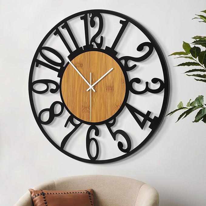 LEIKE 30" Oversized Large Wall Clocks,Silent,Non Ticking,Battery Operated Modern Round Big Wood Decorative Metal Wall Clock for Living Room, Bedroom,Kitchen,Farmhouse,Office Decor - Black,30 Inch-Ruum Studio Home