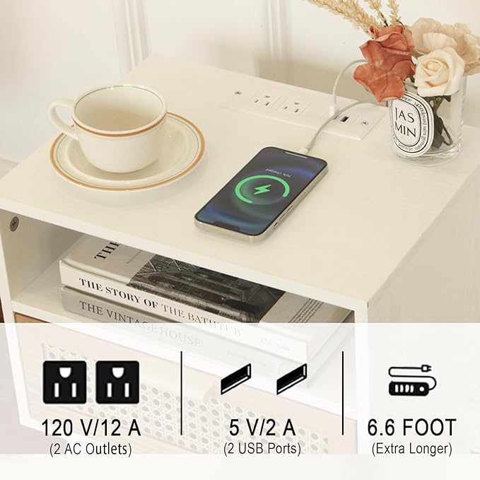 MaxSmeo Nightstand with Charging Station, Bedside Tables with Rattan Drawer, Mid Century Modern Nightstand, End Table for Living Room, Bedroom and Small Spaces, Easy Assembly (White)-Ruum Studio Home