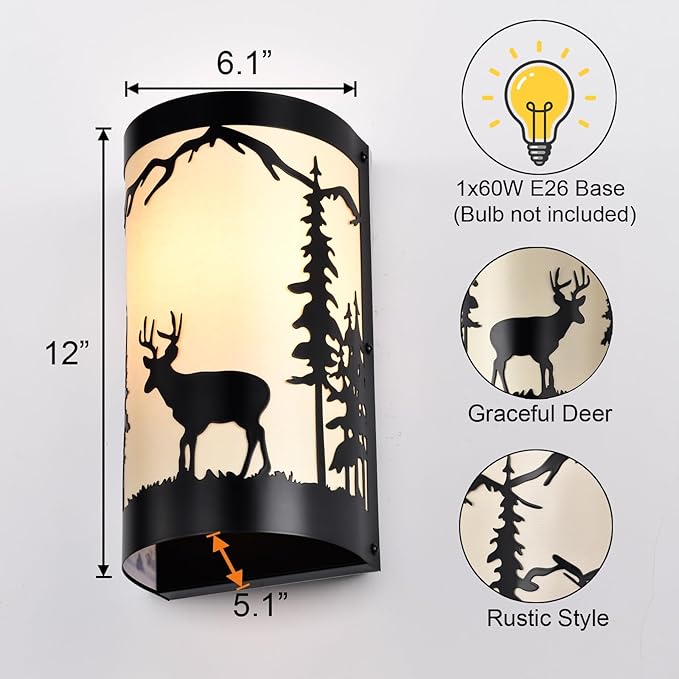 Wall Light Fixtures,Deer Cream White Parchment Rustic Wall Sconces,Farmhouse E26 Base Wall Sconce Light,Industrial Metal Black Sconce,Wall Lamps for Bedroom,Living Room,Hallway,Stairway-Ruum Studio Home