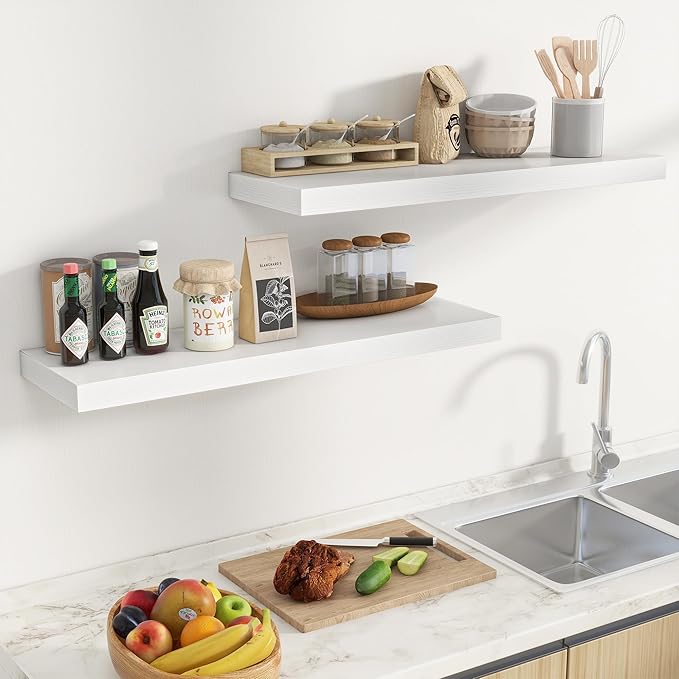 Floating Shelves Set of 2, 36 Inch Long Wooden Wall Shelves, 10 Inch Deep Wall Mounted Storage Shelf with Metal Brackets for Living Room, Bathroom, Bedroom and Kitchen, White-Ruum Studio Home