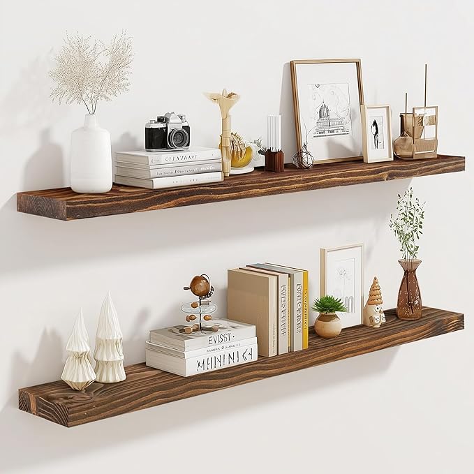 36"x6.8"x1.2" Solid Wood Floating Shelves 2-Pack - Rustic Brown Finish with Hidden Brackets, Perfect for Storage and Décor in Living Room, Kitchen, Bedroom-Ruum Studio Home