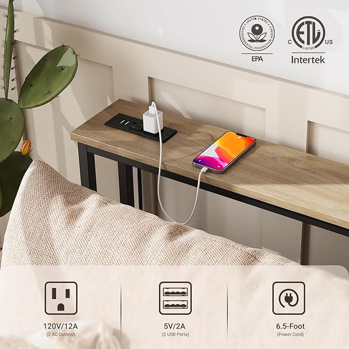 ELYKEN 2 Pack 5.9" Narrow Console Sofa Table with Power Outlets, 5.9" Dx39.4 Wx31.1 H Long Couch Table with Metal Frame and Charge Station with 6.5’ Extension Cord, White Oak-Ruum Studio Home