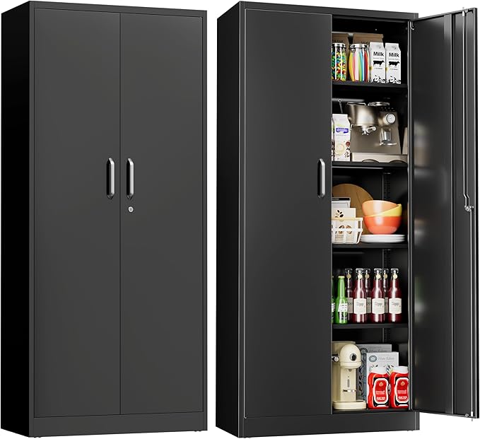 71" Garage Storage Cabinets with Lock, Cabinets with Doors and Shelves, Kitchen Pantry Cabinet, Metal Cabinet for Office, Garage, Shop, School, Assemble Required, Black-Ruum Studio Home