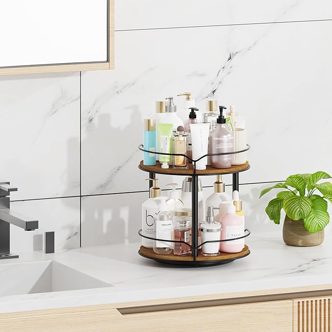 Lazy Susan Organizer 2 Tier - Turntable Spice Rack for Table Top, Wooden Rotating Lazy Susan for Cabinet Pantry Kitchen Countertop Dining Table Cupboard Bathroom Vanity Storage-Ruum Studio Home
