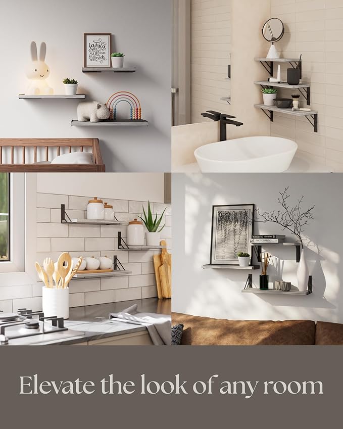 BAYKA Wall Shelves for Bedroom Decor, Floating Wall Shelves for Living Room Kitchen Storage, Wall Mounted Rustic Wood Floating Shelves for Kids Books,Corner Shelves for Bathroom(White，Set of 3)-Ruum Studio Home