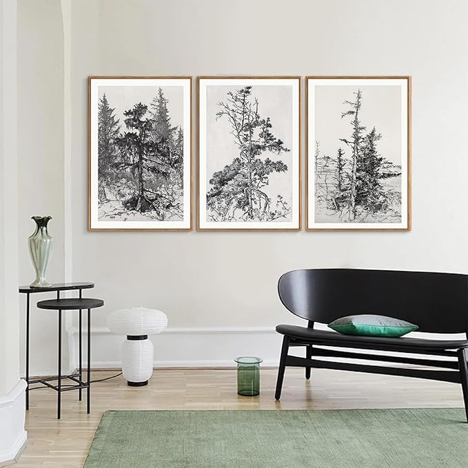 SIGNINART Vintage Tree Framed Wall Art Set , Black and White Antique Sketchbook Forest Painting, Wilderness Illustration Art Print , Retro Pine Tree Landscape Drawing Wall Decor for Living Room, Bedroom, Office (16"x24"x3)-Ruum Studio Home