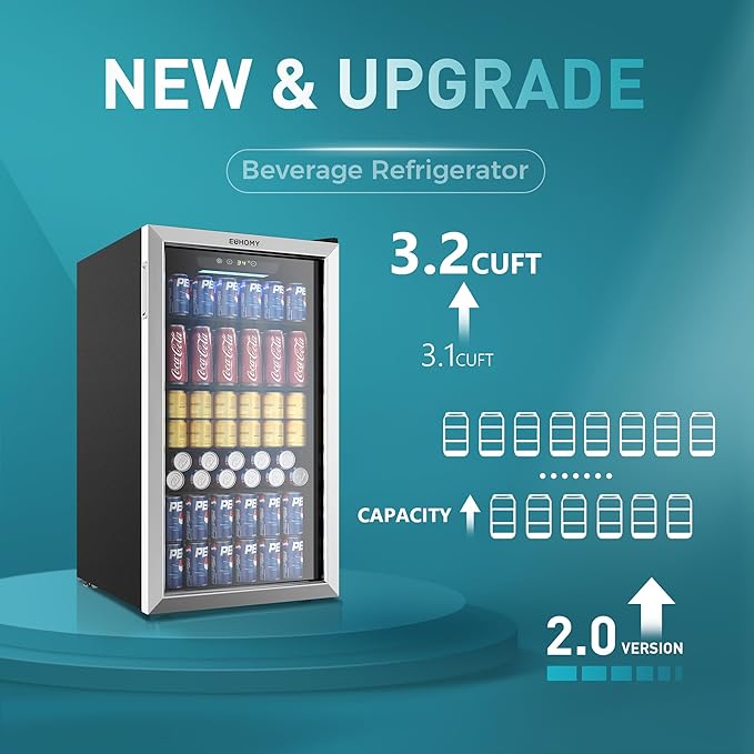 EUHOMY Beverage Refrigerator Cooler, 130 Can Mini Fridge with Glass Door for Soda Beer or Wine, Beverage Cooler for Home, Office, Bar with Adjustable Removable Shelves, Silver-Ruum Studio Home