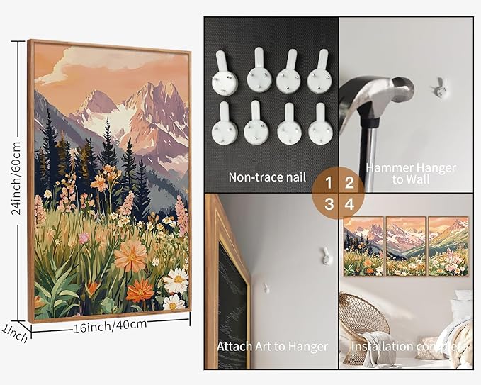 SIGNINART Vintage Floral Framed Canvas Wall Art Set, Large Mountains Nature Landscape Wall Decor, Bohemian Wildflower Forest Artwork, Pink Ridge Art Printing for Living Room Bedroom Office 16"x24"x3-Ruum Studio Home