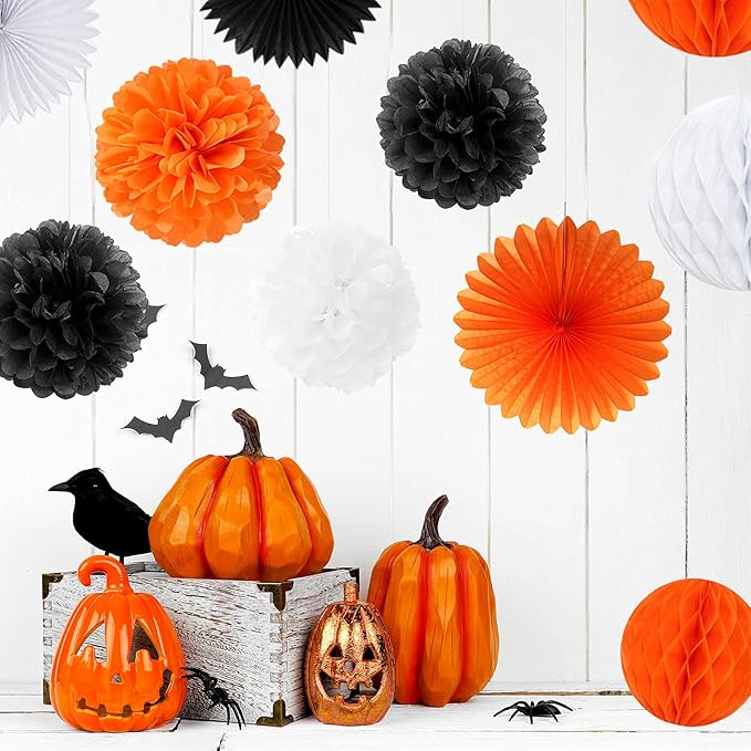 Orange Black Happy-Halloween Party Decorations - 13PCS Spider Web Bats Streamers Banner ,Paper Flowers Lanterns Tissue Pom Poms Fans, Classroom Birthday Bachelorette Hanging Supplies Decor Hugfond-Ruum Studio Home