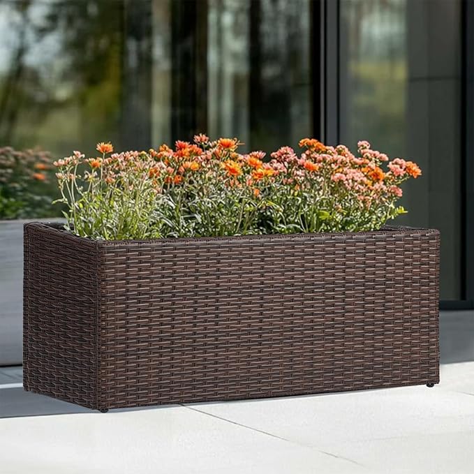 LEWIS&WAYNE Large Rectangular Block Planter Box Handmade Wicker Tall Planters for Outdoor Plants with Removable Liners Modern Planter for Indoor Outdoor Patio Deck - Brown, 30''x12''x16''-Ruum Studio Home