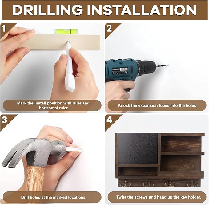 Key Holder for Wall, Mail Organizer Wall Mount with Key Hooks and Chalkboard & Mirror for Sunglasses Storage and Dog Leash Hanger, Decorative with 4 Double Hooks-Ruum Studio Home