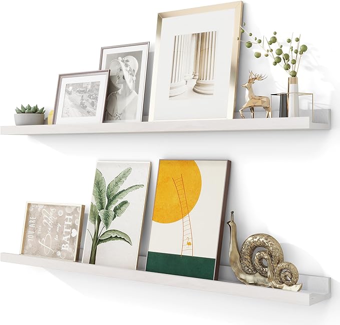 Solid Ash Wood Picture Ledge Shelf, Wood Floating Shelves Set of 2, 48 Inch Long Large Photo Ledge Shelves, Nursery Book Shelves Wall Mounted for Living Room Kids' Bedroom Decor, White-Ruum Studio Home