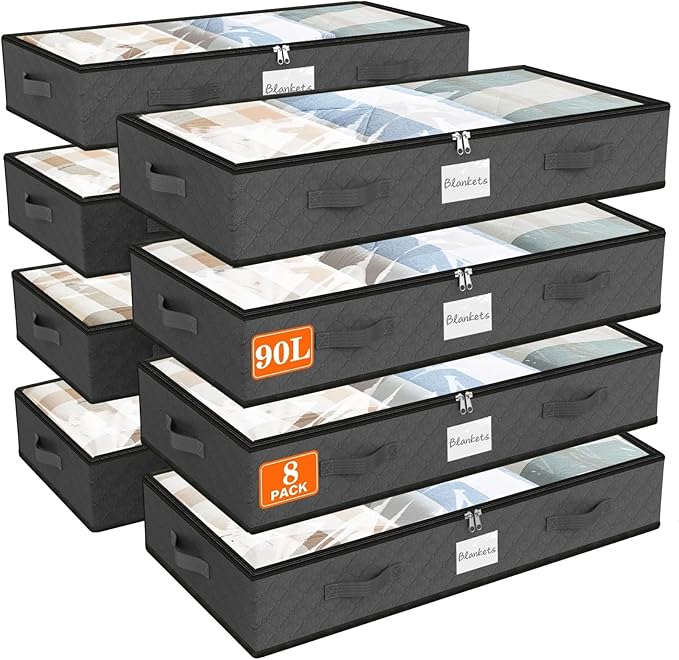 SpaceWhisper 90L Under Bed Storage Containers, 8-Pack Storage Bins with Clear Top, Foldable Closet Organizers and Storage with Label Holder for Clothing, Blankets, Comforter & Pillows (Grey)-Ruum Studio Home