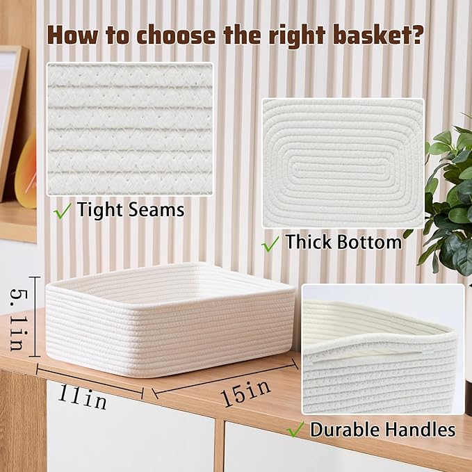 Large Shallow Organizing Baskets 15x11x5.1 Inches - Rope Woven Storage Bins for Bathroom, Shelves, Cube Closet, Off White 2 Packs-Ruum Studio Home