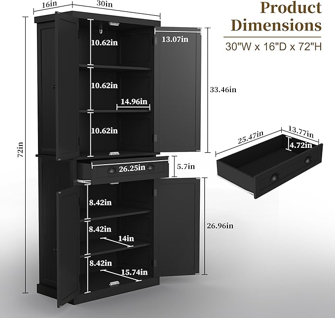 ARTPOWER 72" Tall Kitchen Pantry Storage Cabinet with Drawer and Adjustable Shelves, Pantry Cabinet for Kitchen, Bathroom or Hallway, Black-Ruum Studio Home
