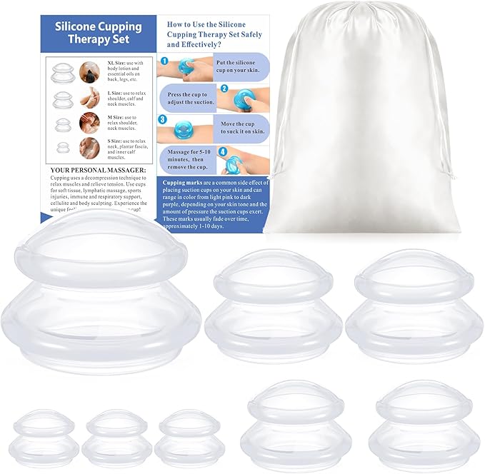 Nuanchu 8 Pcs 4 Sizes Cupping Therapy Set with Satin Bag Silicone Massage Cups Professional Cupping Therapy Vacuum Cup for Cellulite Joint Pain Muscle Pain(Clear)-Ruum Studio Home