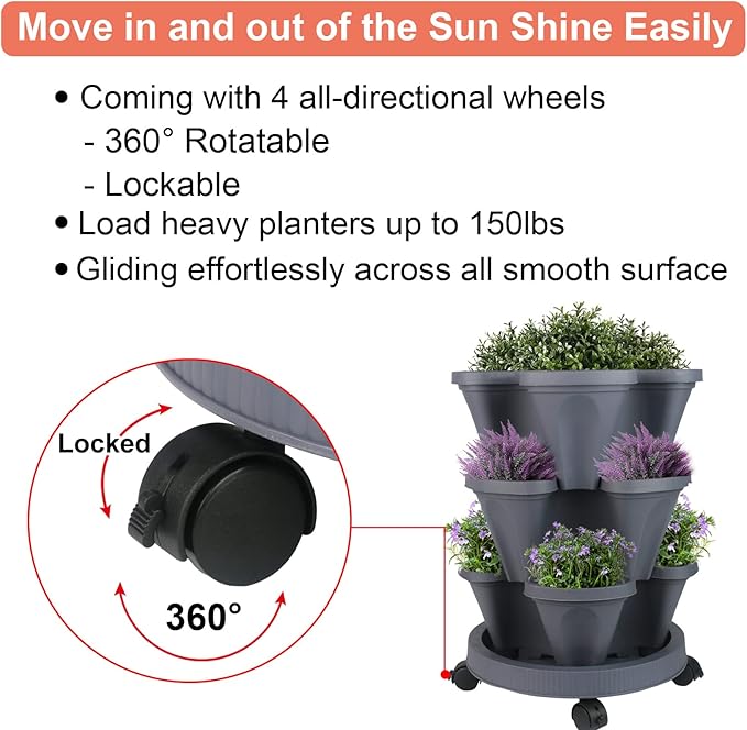 Vertical Planter 3 Tier Stackable Planters Garden Planters Strawberry Herb Flower and Vegetable Planter Indoor Outdoor Gardening Pots with Removable Wheels and Tools-Ruum Studio Home