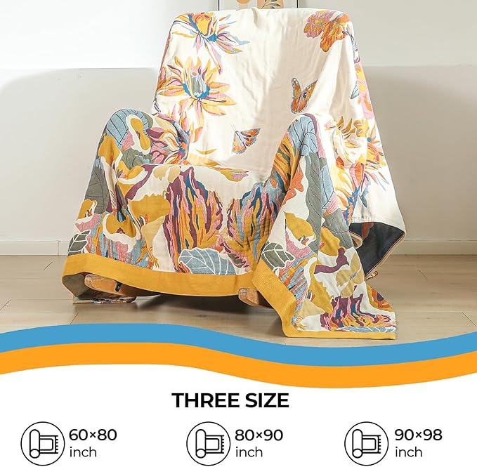 Boho Large Throw Blanket 90" x 98",100% Cotton Soft Sofa Bed Throw-Floral Butterfly Decor Blanket Reversible Bohemian Luxury Throw for Couch Sofa Chair Travel-Ruum Studio Home