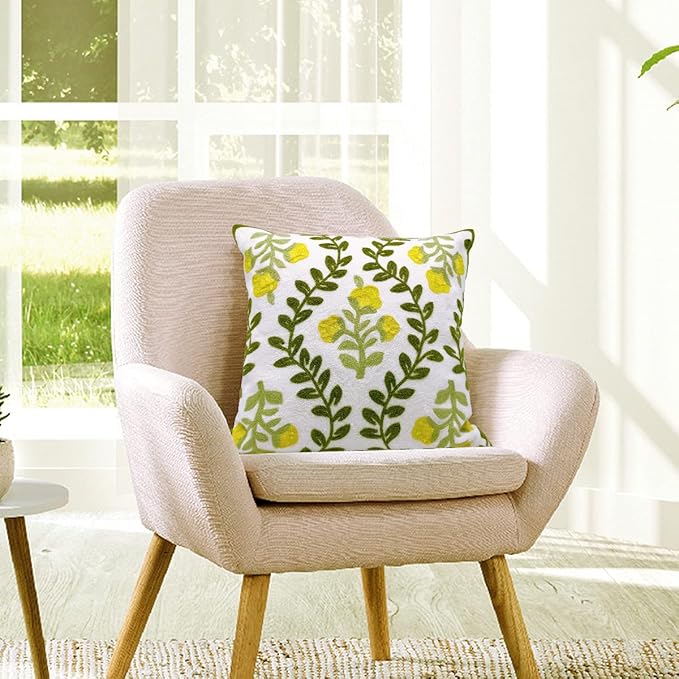 Alysheer Floral Embroidered Summer Decorative Throw Pillow Cover 18"x 18" Set of 2, Farmhouse Cottage Yellow Flower Green Leaves Patterned Cotton Cushion Case for Couch Bed Living Room Outdoor Decor-Ruum Studio Home