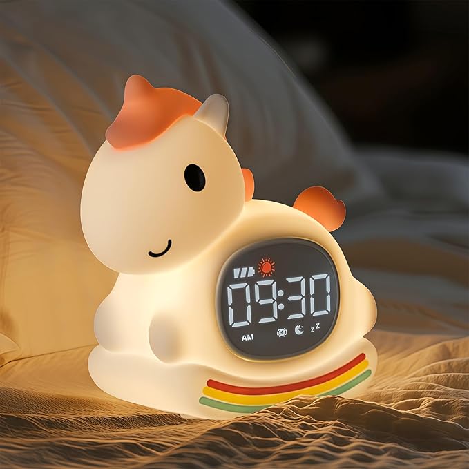 Cute Alarm Clock for Kids with Night Light, Sleep Training Clock Time to Wake Clock, Rechargeable Silicone Light for Bedroom, Perfect Sleep Companion for Boys Girls, Pink Pony-Ruum Studio Home