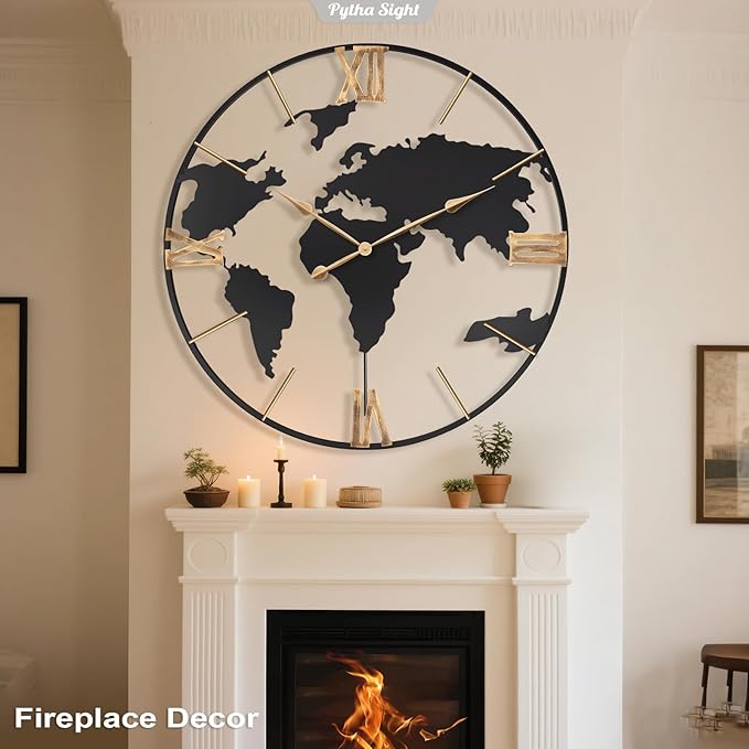 36 Inch Oversized Giant Extra Large Modern Decorative Metal World Map Wall Clock,Big Vintage Gold Roman Numeral Wall Clocks for Living Room,Entryway,Office,Fireplace,Dining Room-Ruum Studio Home