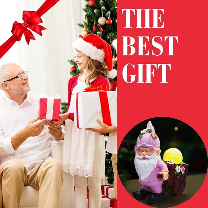 Solar Garden Gnome Statue with Crackle Glass Globe Lights, Waterproof Outdoor Decor for Patio, Lawn, or Yard, Whimsical Housewarming Gift(Pink Gnomes)-Ruum Studio Home