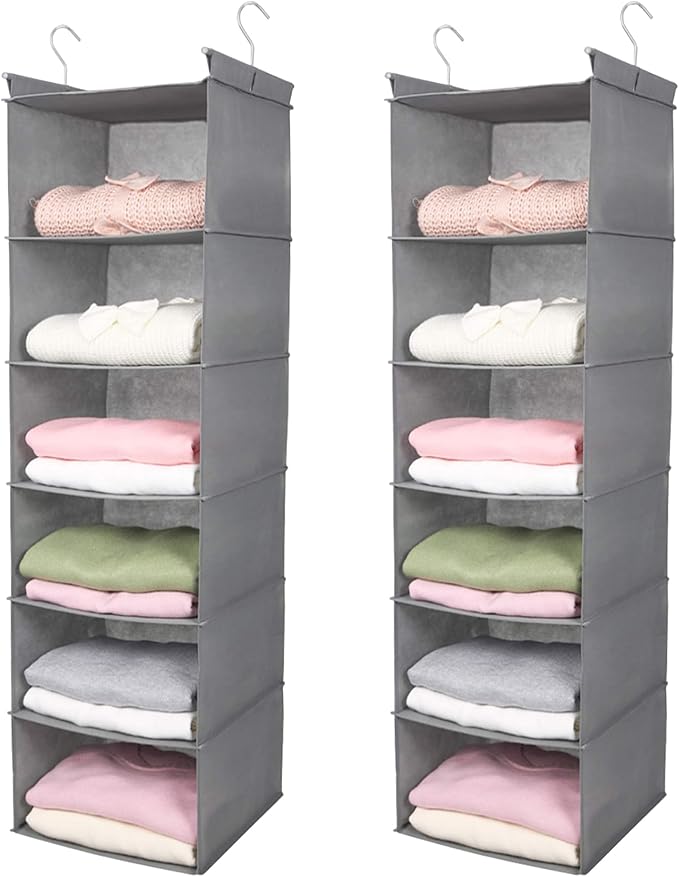 MAX Houser 6 Tier Shelf Hanging Closet Organizer, Closet Hanging Shelf with 2 Sturdy Hooks for Storage,2 Pack, Foldable (Light Grey)-Ruum Studio Home