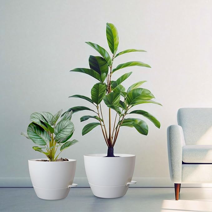 10/9/8 inch Medium Self Watering Pots, Plant Pots with Mesh Drainage Holes for Indoor Outdoor Garden Plants, Flower Pots with Removable Reservoir, Set of 3 Plastic Planters, White-Ruum Studio Home